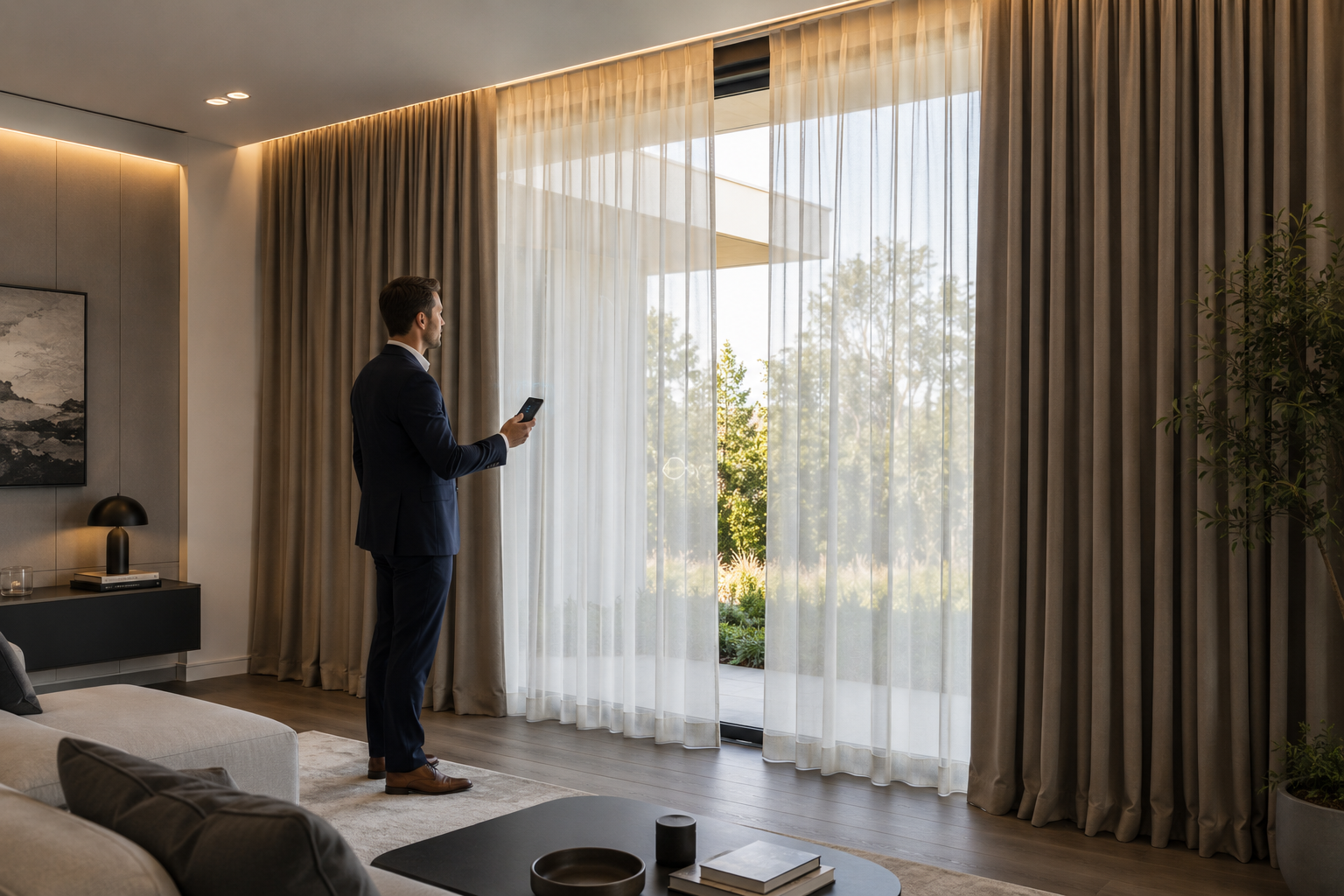 Modern Australian living room featuring contemporary curtains, smart curtain automation, and premium curtain fabrics in a luxury home interior | Curtain Trends 2026