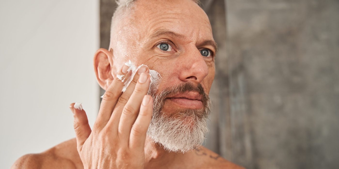 Man over 40 following a simple skincare routine with active skincare, Australian skincare products, and a sensitive skin cleanser to maintain healthy skin.